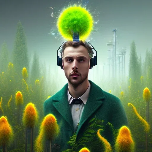 portrait of mad scientist in coat, yellow mad hat ,cell towers overgrown with plants, autmn, mist, spotlights, spray paint art, book illustration, 4k, high detail