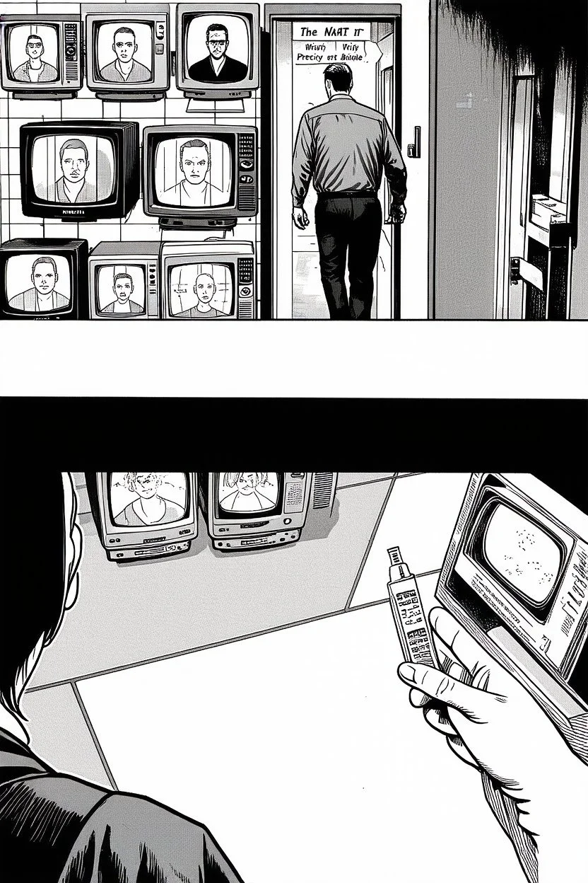 uncolored comic book page: top panel(man on his way out the door walks past a display of televisions on which a bulletin of wanted criminals mugshots appears, higher over the shoulder camera perspective), bottom panel(pov a woman's hand holding a pregnancy test that shows a positive result, tile floor below), panels divided at a 30 degree angle