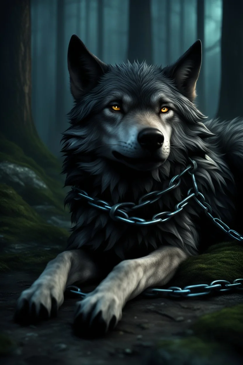 sad small scruffy wolf in chains laying down eyes closed, photorealistic, 4k, dark fantasy, forest