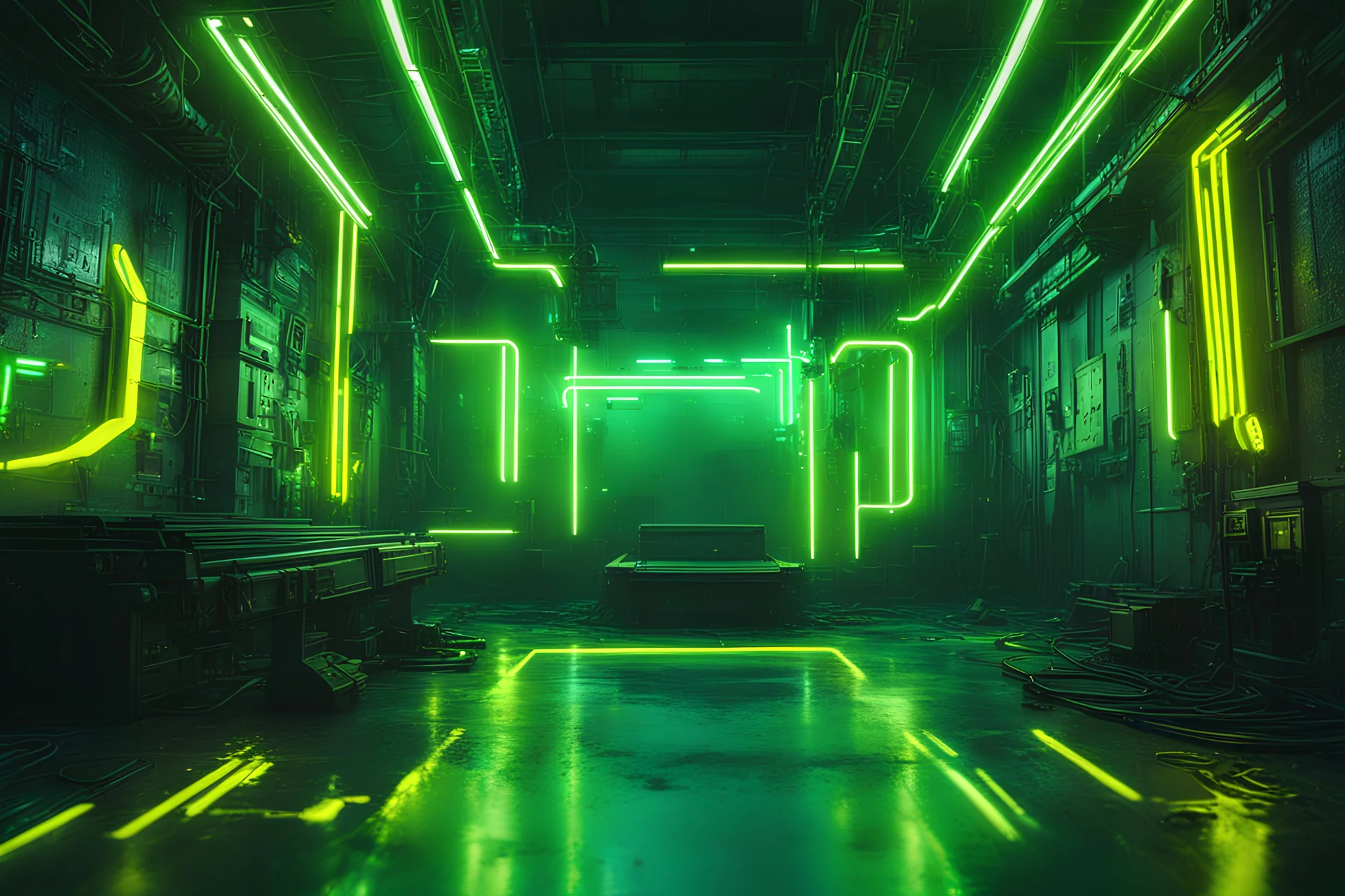 Cyberpunk empty backdrop, green neon, yellow neon paint splashes, cyberpunk anime style, realistic,qphotography with blur and focus, , Wes Anderson photographer, ultra realistic , wide angle view, magic, fireflies, soft color, highly detailed, unreal engine 5, ray tracing, RTX, lumen lighting, ultra detail, volumetric lighting, 3d, finely drawn, high definition.