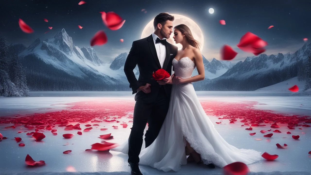 Hyper Realistic handsome muscular man in Black-Tuxedo & beautiful Girl in White-Gown ice-skating on a frozen lake with dramatic environment & red-rose-petals at night