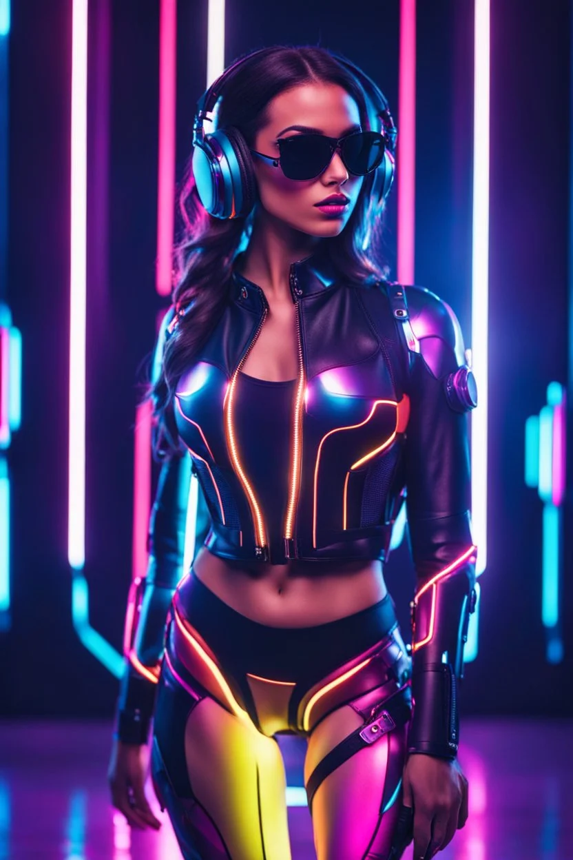 Beautiful super model woman cyborg fullybody ,headphone with sunglasses colorsfull ,background neon light