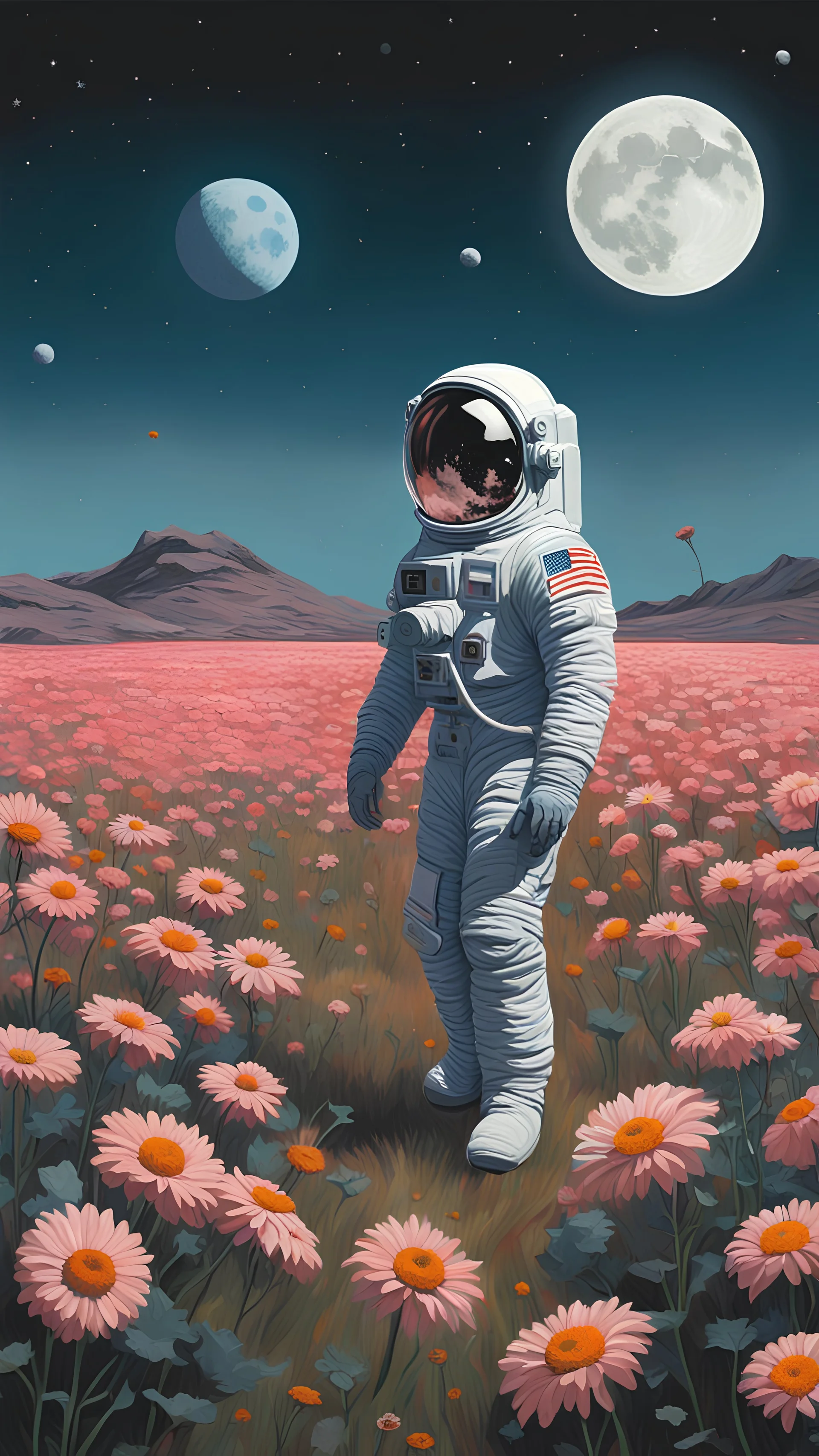 astronauta en un campo de flores con la luna llena de fondo, astronauta, inspirado en Scott Listfield, realismo | assobiar, e McPharlin, em outro planeta, astronautaa caminando.