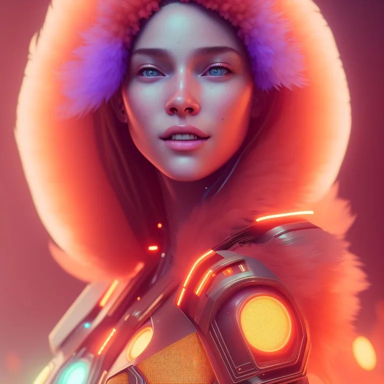 A beautiful portrait of a cute cyberpunk woman smiling facing camera orange color scheme, high key lighting, volumetric light high details with white stripes and feathers unreal 5, octane render, cinema4d, dynamic lighting, dramatic lighting, 4k, redshift render, highly detailed, hyper realistic