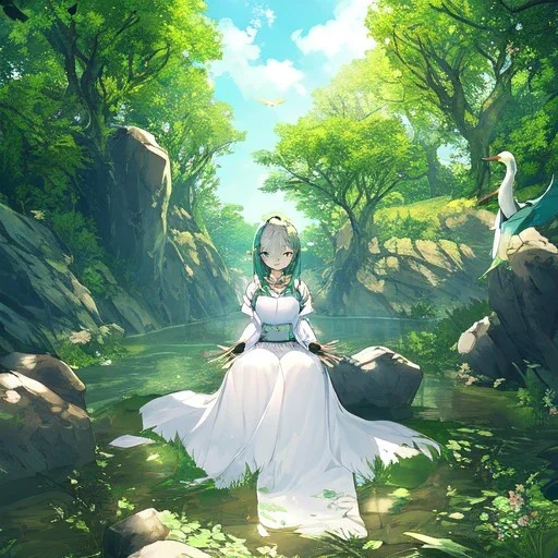 anime girl meditating pose, rock trees, birds, creek, very gorgeous anime girl dressed in white dress, very detailed, trees, birds flying, green trees, creek meditation pose, sitting on a rock, with rays of sun peaking through the trees, very detailed on hands and facial features, details on eyes, cheeks and nose