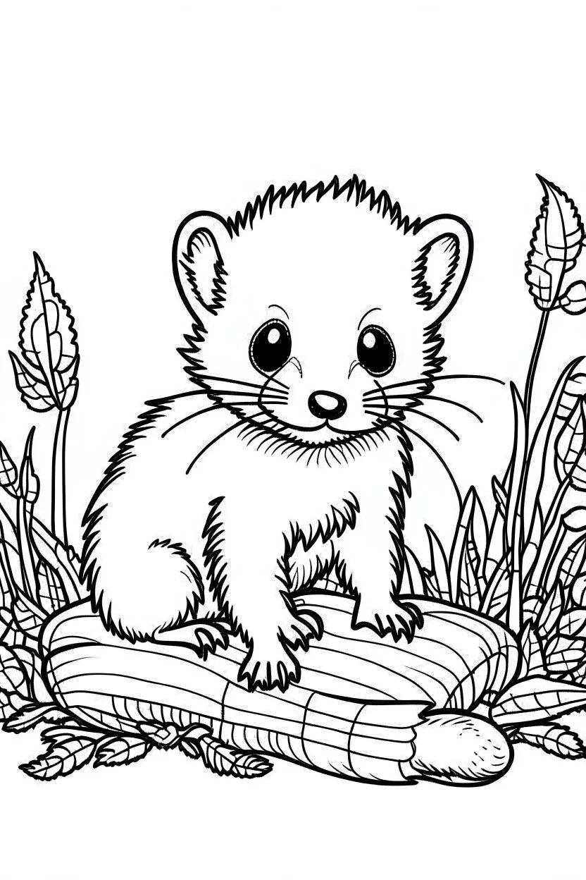 cute coloring page, sketch style, cute baby ferret in the wood, cute cartoon, white and black, withe background, no shadows, outline.