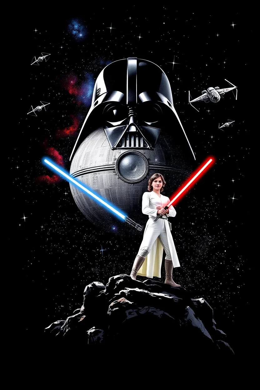 black background onto which the outline of darth vader, face obscured, standing filled with stars nebula and the Death Star is large within, in front in poses from the original star wars posters is Luke Skywalker with lightsaber and Princess Leia Organa with laser pistol both in white clothing atop crumbling stone, the millenium falcon and x-wing fighters and tie-fighters flying among the stars, do not show darth vader's face