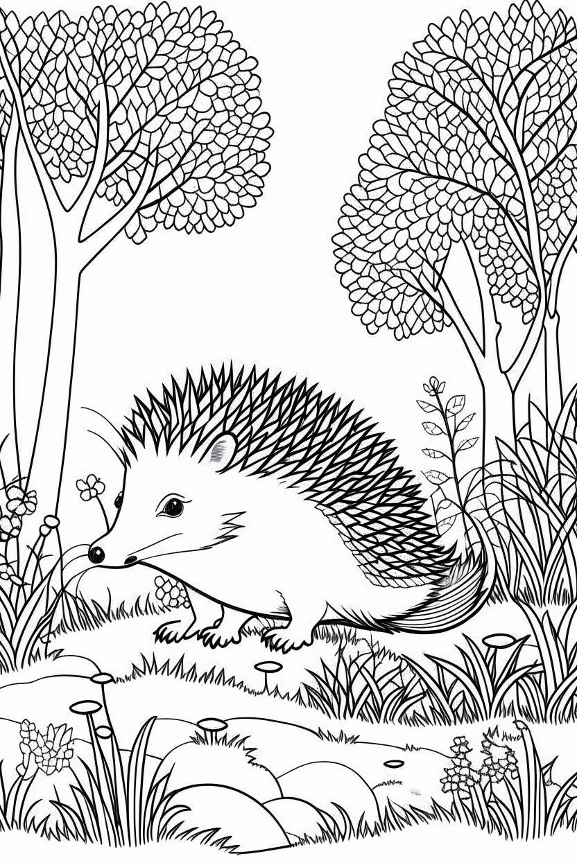 a hedgehog in a charming European woodland, clean line art, monochrome, for kids coloring book