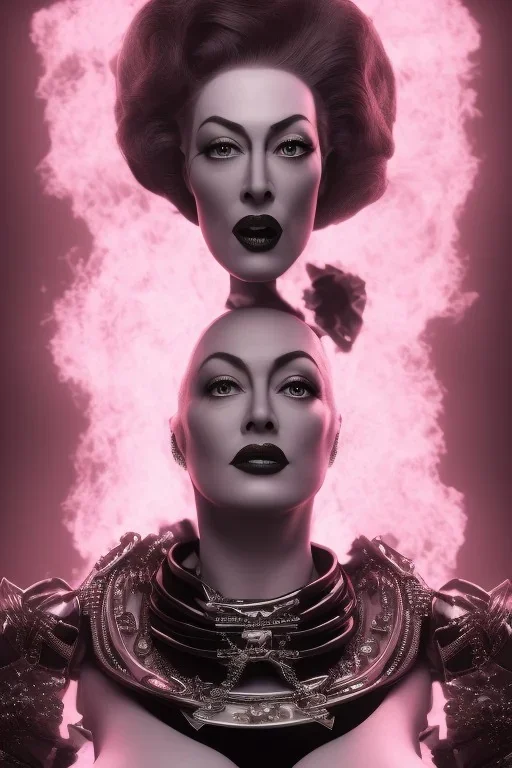 Joan Crawford as evil queen in black leather, busty, cleavage, dominatrix, curvy, angry, stern look. unreal 5, octane render, cinema4d, dynamic lighting, dramatic lighting, 4k, redshift render, highly detailed, hyper realistic,anthropomorphic