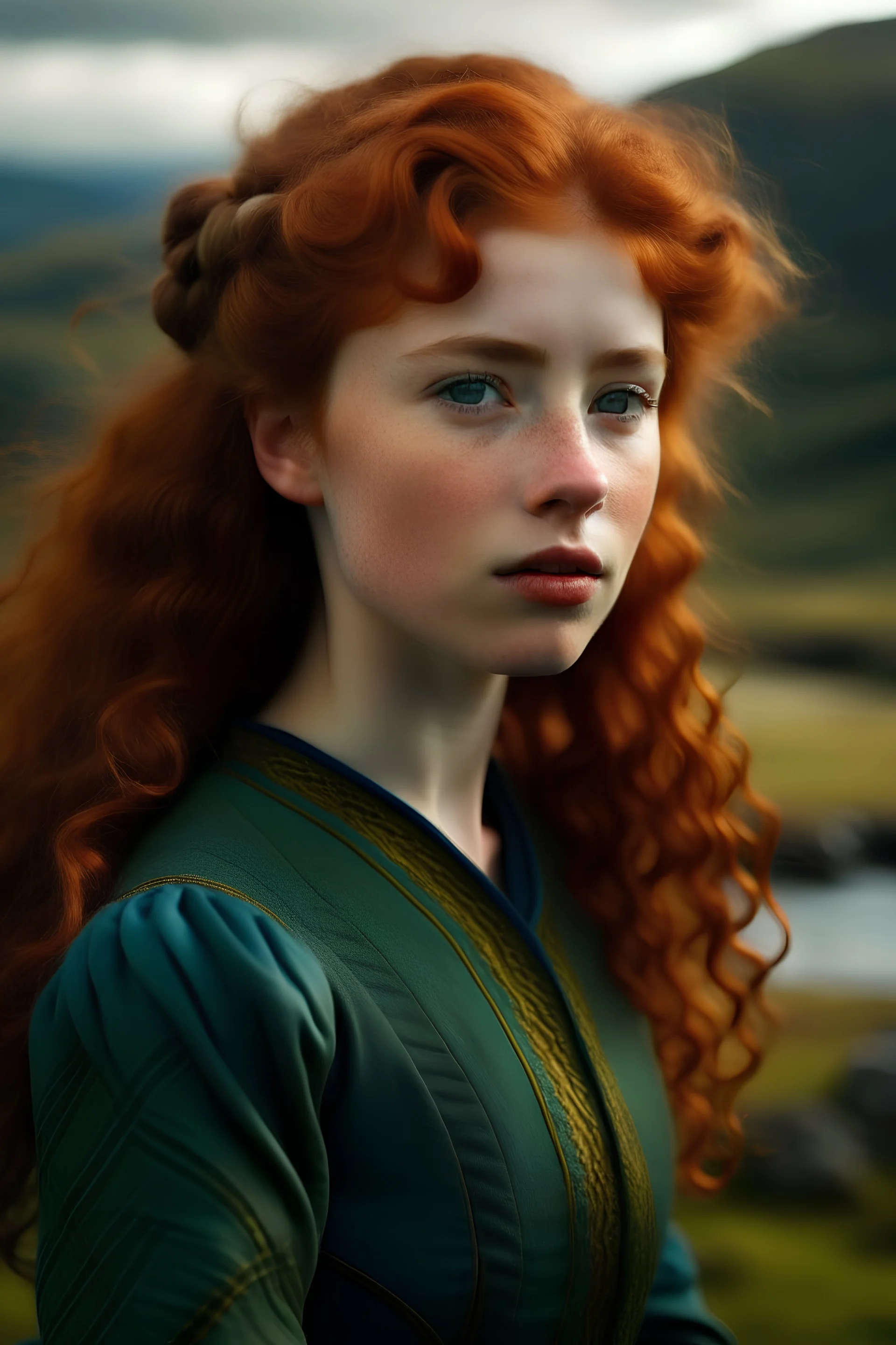 First century 16 year old Scottish Princess with stunning green eyes, red very curly hair, in a blue and gold dress with a loch in the background and Scottish highlands all around