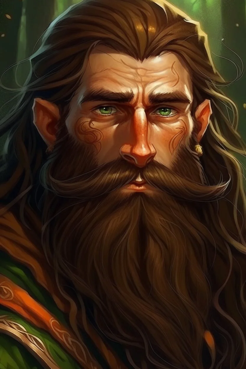 Gnom, braune lange wilde Haare, große, auffällig dicker Nase, gepflegter Bart, kein Vollbart, grüne Augen, sehr jung (etwa zwanzig Jahre) , Druide, gebräunte Haut, Zeichen im Gesicht
