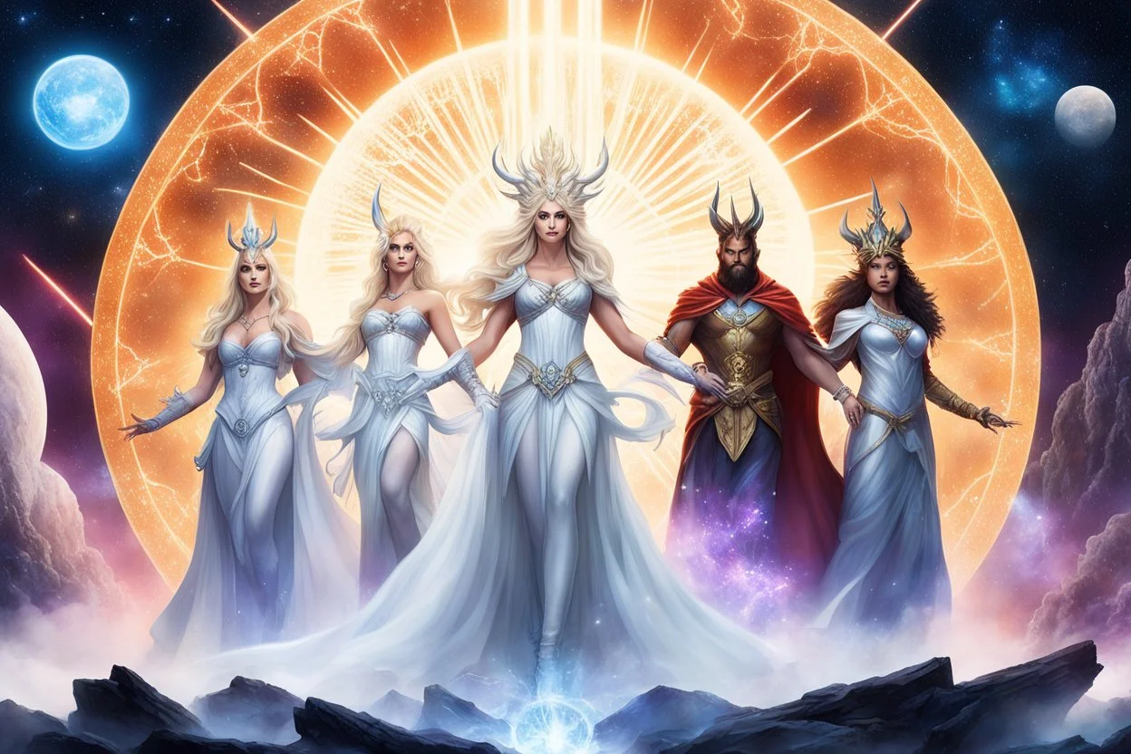 A cosmic heroic fantasy tableau in the style of American Gods at a galactic scale: multiple deities standing in a fractured divine realm. In the center, Lov, a newborn blonde goddess of lust and raw power, radiant and dangerous, glowing with instinctive energy. Nearby, the White Witch, a pale blonde former goddess of healing and peace, serene yet subtly corrupted, her light dimmed by influence. In the background, hints of absence: abandoned divine forges for Rip, goddess of crafts and technology