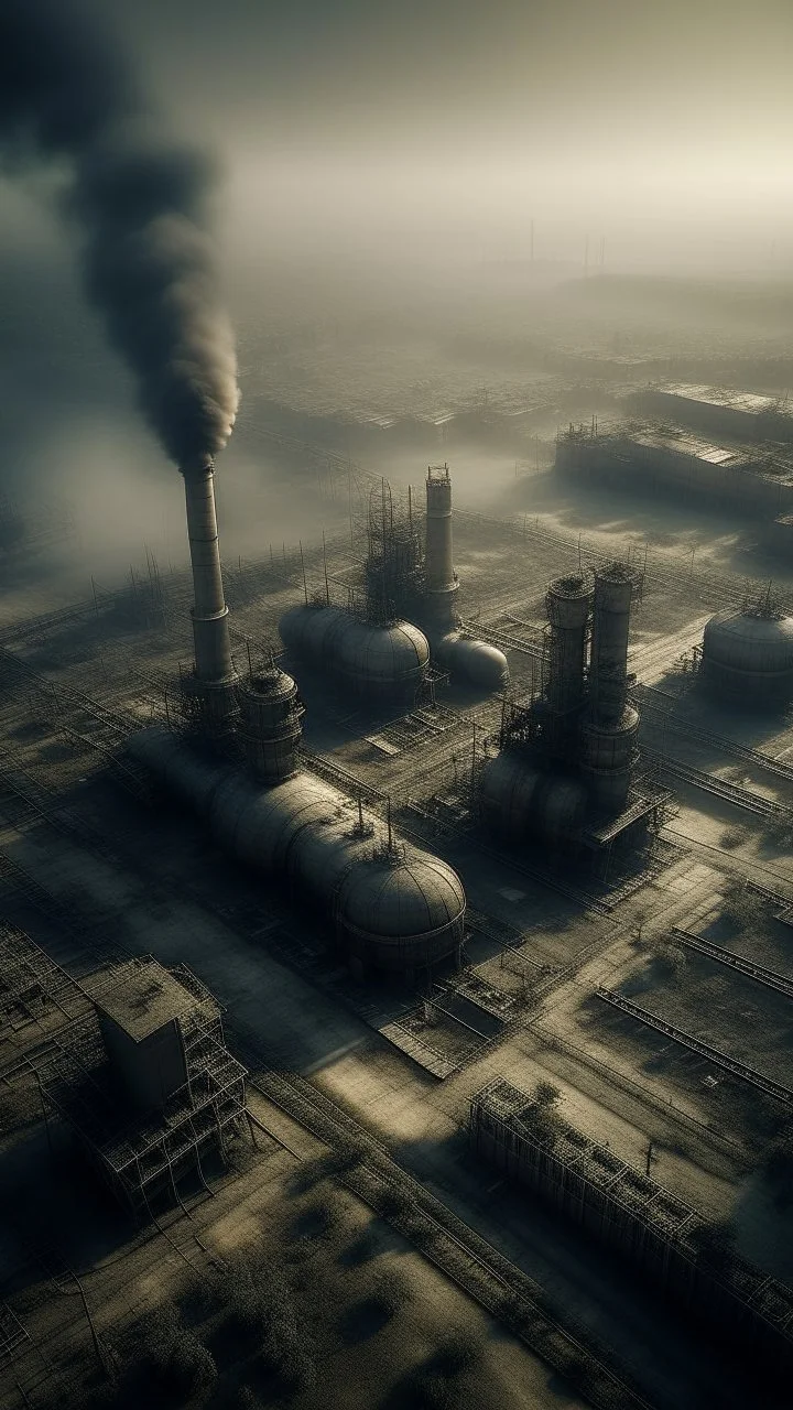 A bird view , An oil refinery and nuclear power station tower , surrounded bard , with old abandoned buildings .surrealism of the dark of a nightmare ten miles high and six foot deep, hyper photorealistic, hyper detailed dark art color, high resolution, fog, octane render, tilt shift, HDRI Environment, all pictures dark gray and brown