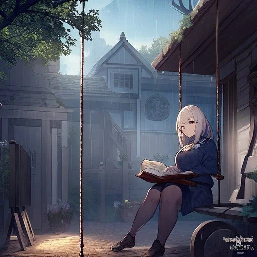 anime girl writing with a pencil in a book sitting on a porch swing of a very old house in the rain