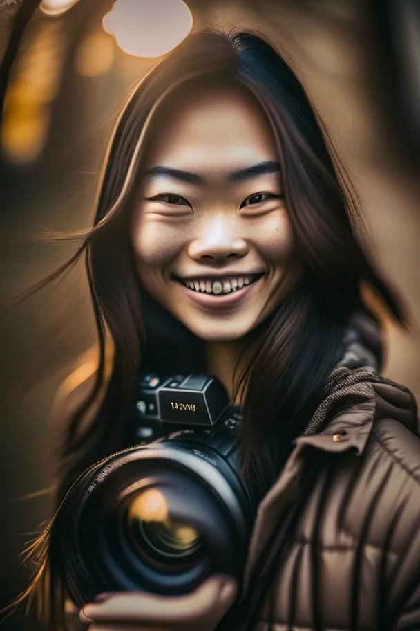 portrait of an asian girl smiling, outdoors, dslr camera, cinematic photography, epic angle, dark colour tone, hyper-realistic