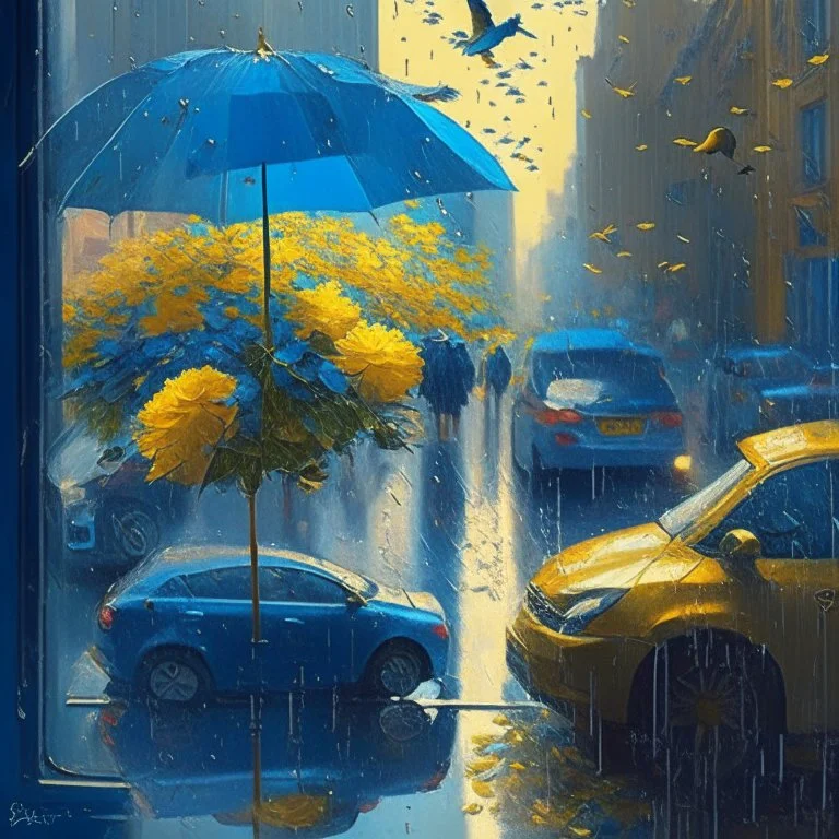 morning, window, umbrellas, people, rain, little birds, blue, flowers in the road, city, traffic, cars, sunlight, gold