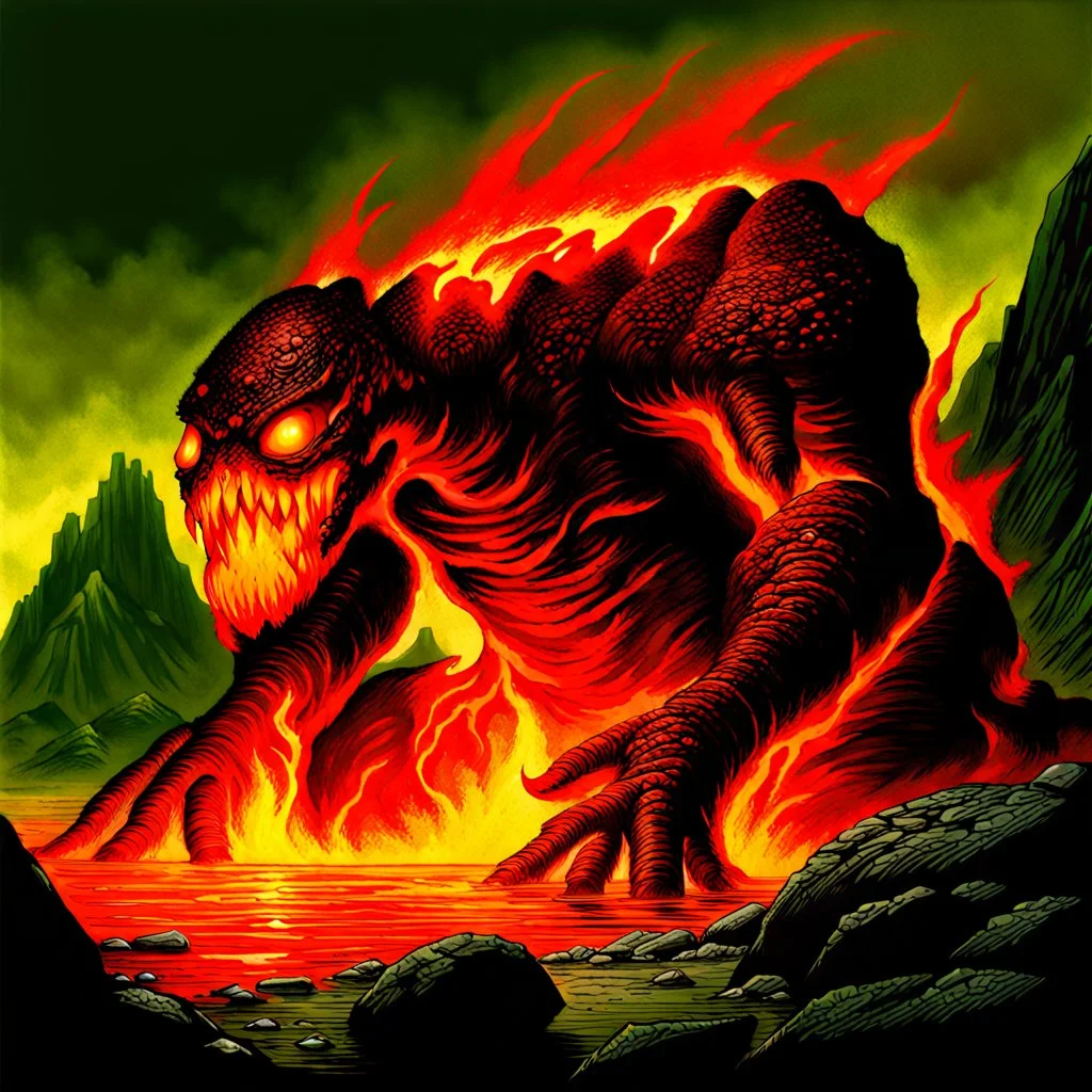 90's fantasy tcg art of a molten lava rock monster