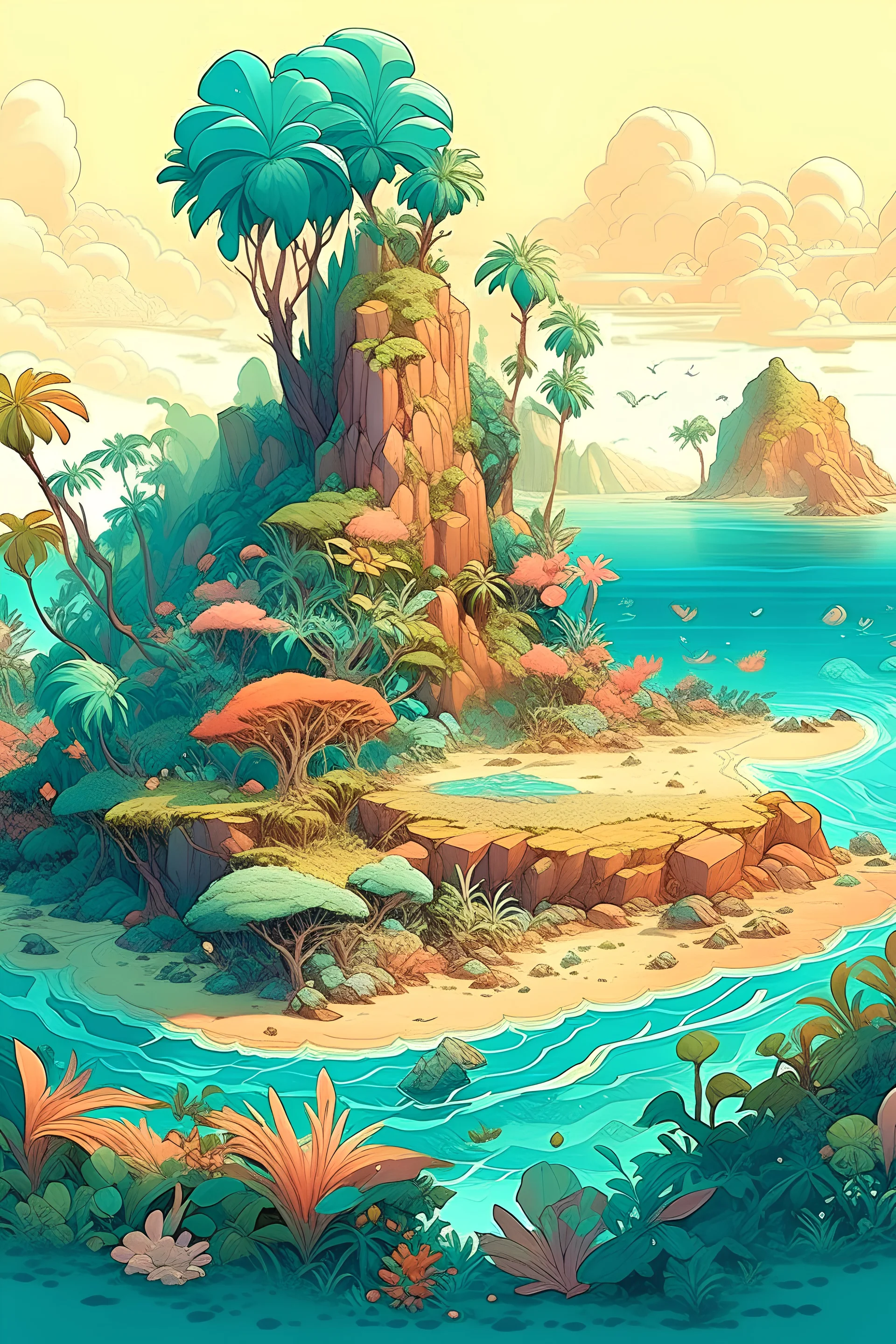 Beautiful tropical island, by Tjalf Sparnaay, by Johan Grenier, by Victo Ngai, by Android Jones, Cinematic fantasy landscape meticulously hyperdetailed photorealistic digital mixed media photoillustration, Muted Triadic pastel hues.