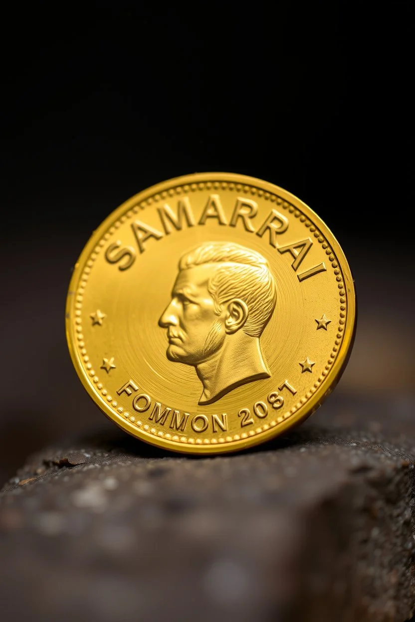 view of the word, Samarrrai , on a gold coin ,with picture of , man head , Sam ,in the middle of the coin.