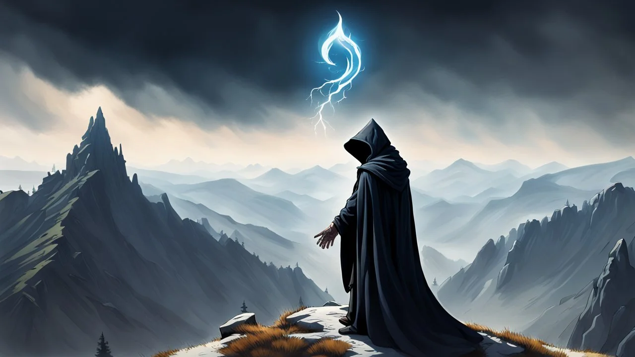 The hooded sorcerer on the mountain top