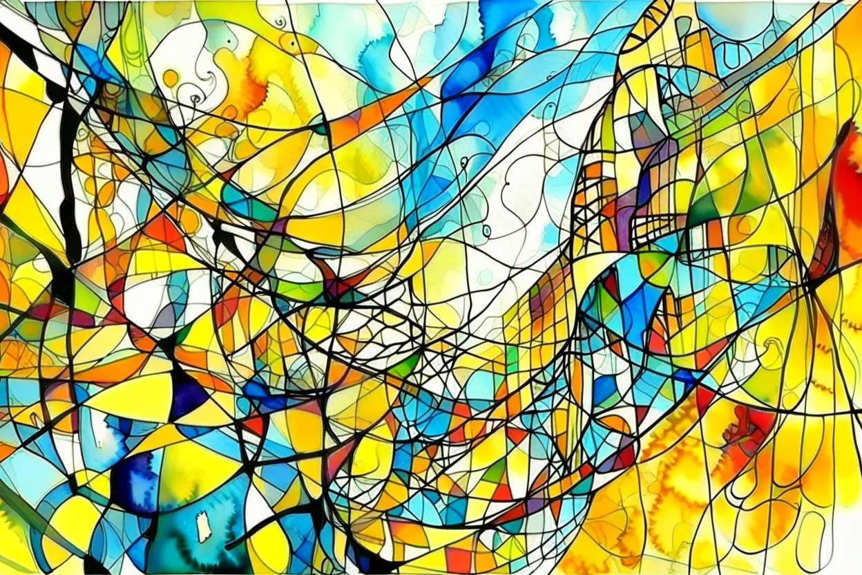 watercolor and ink, tint leaks, whimsical arafed nonsense, patchwork vibe, (((side view))) two arafed glass interlock liminal space swooshing in a sunny whimsical downtown, double negative, with extreme body action and with (((oversize head))), sharp color contrasts, amazing shadows, minimal cozy, warm palette, bright bold warm summer colors with yellow orange black colors, color leak, heavily distorted views, amazing parallels, extreme urban decay