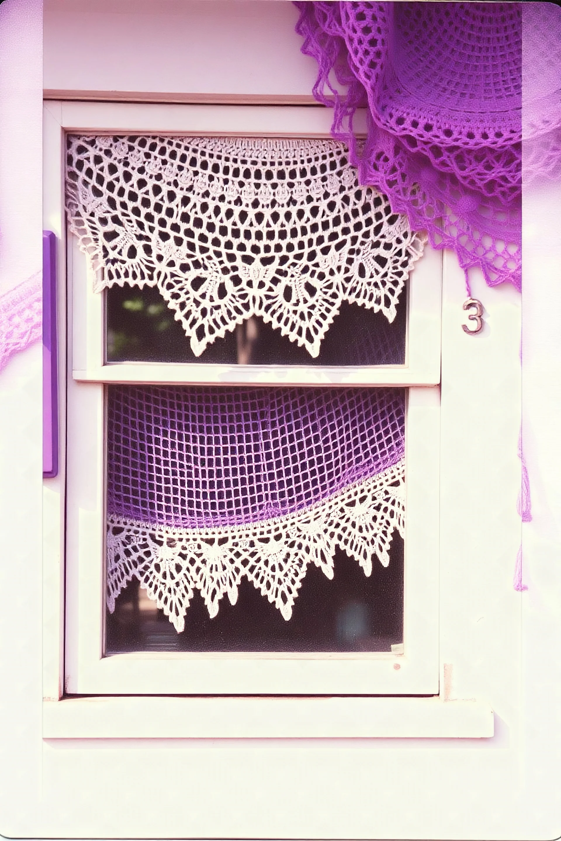 Vintage polaroid of a hippie window,crochet, purple