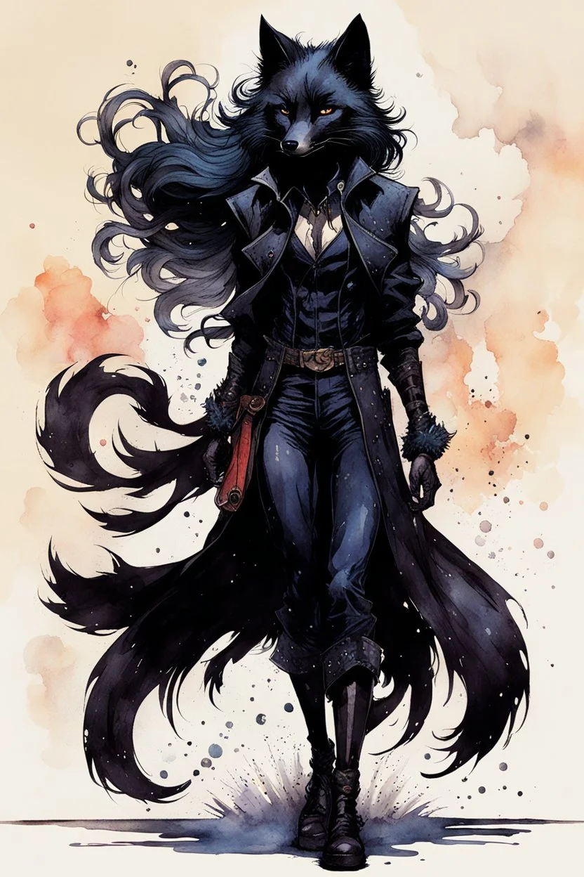 ink wash and watercolor full body concept illustration of an anthropomorphic, fanciful Black Fox, stealthy thief girl character with wildly flowing hair, ornately dressed with highly detailed feathers and facial features in the comic book style of Bill Sienkiewicz and Jean Giraud Moebius, with a fine art aesthetic, highly detailed , boldly inked, 4k UHD cinegraphic quality