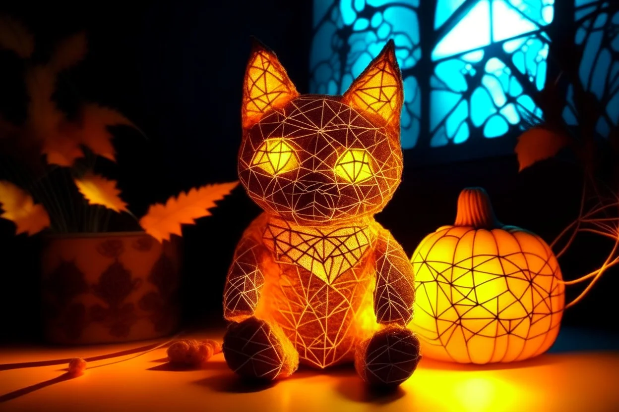 Against a dark cracked holographic marble background, a cute chibi plushy fluffy knitted and embroidered cat, tent, campfire, pond, mist and fog in sunshine, drawn in orange glowing neon lines. The cracks in the background are golden. Ethereal, cinematic postprocessing.