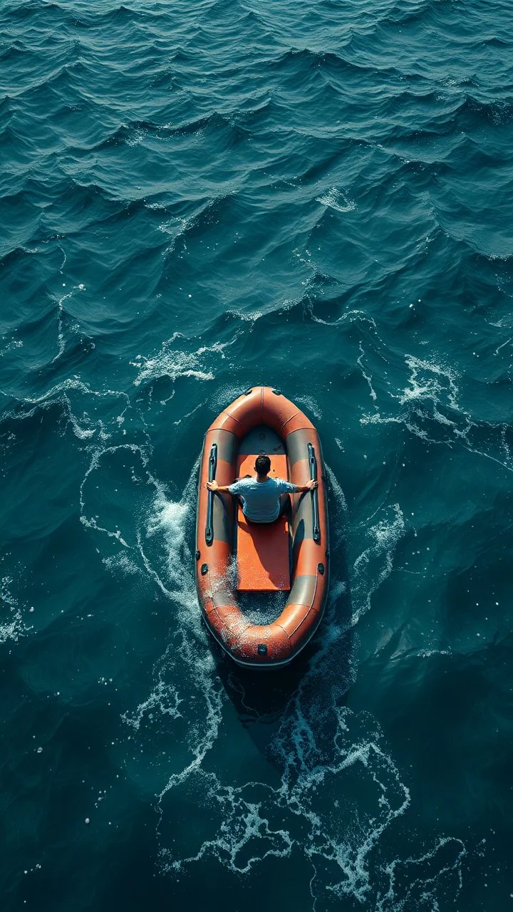 Bosch painting style nightmare , 3D , a man on small rubber boat lost in the ocean close top view, background, high Quality picture , 8k