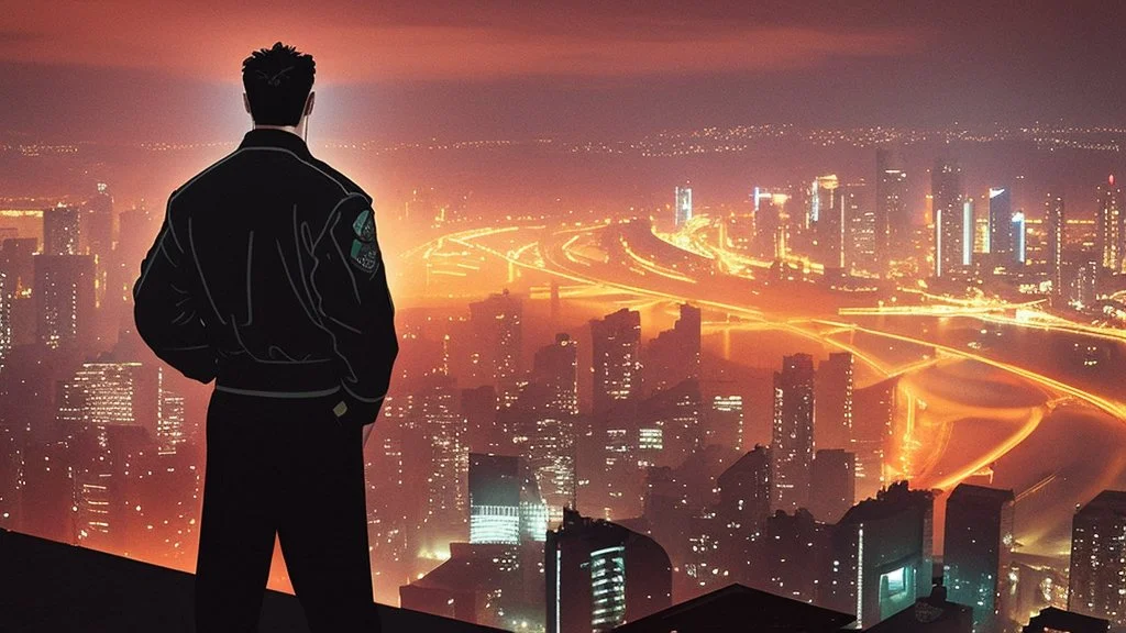 An Englishman in a bomber jacket standing at the top of a tall building looking across a city at night