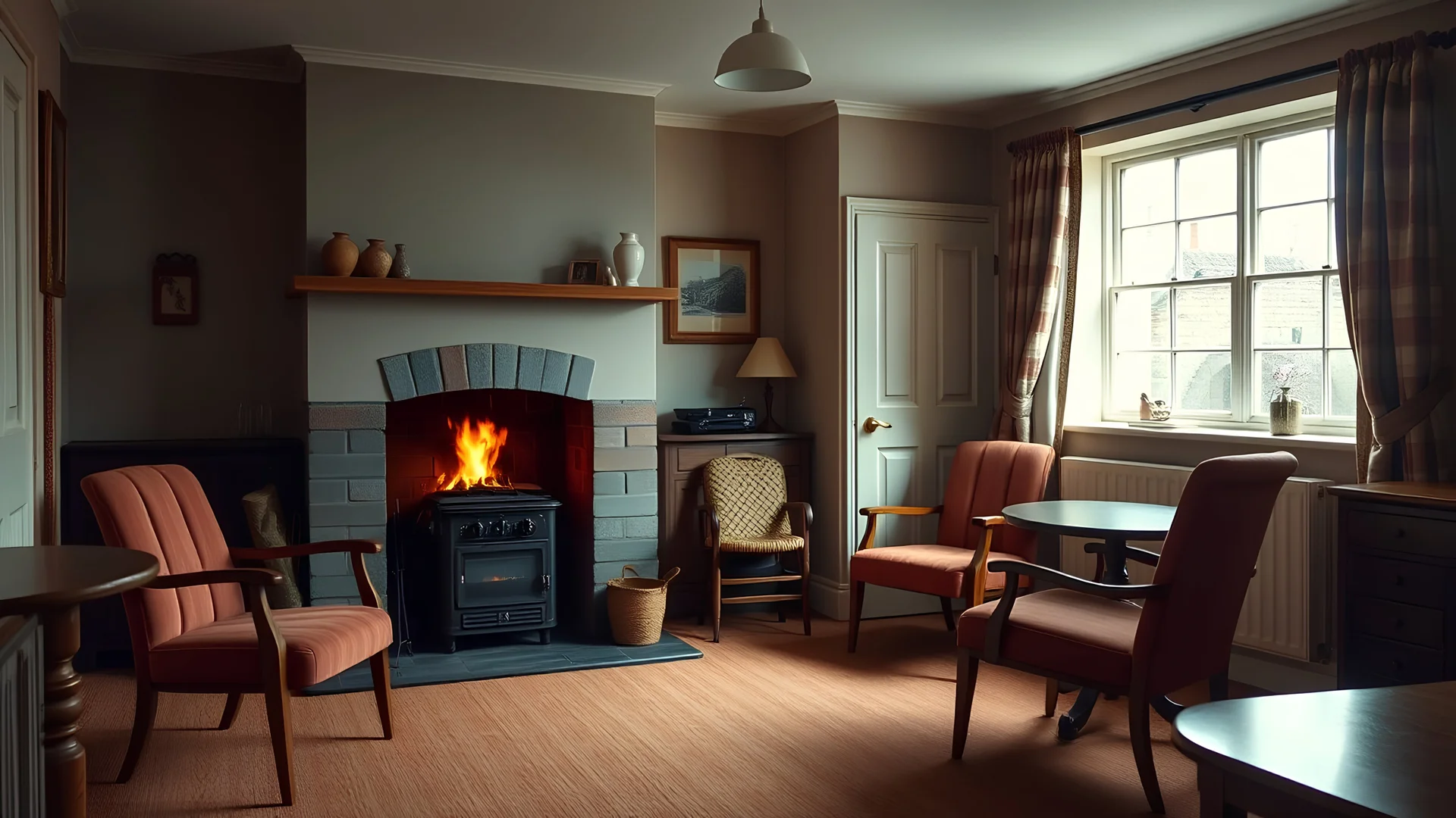 British council-house in 1950, small sitting-room interior, single fireplace with open fire and hob and oven, chairs have four legs, tables have four legs, window, curtains, clean, neat, tidy, frugal, award-winning color photograph, Ultra Realism, 16k, very detailed