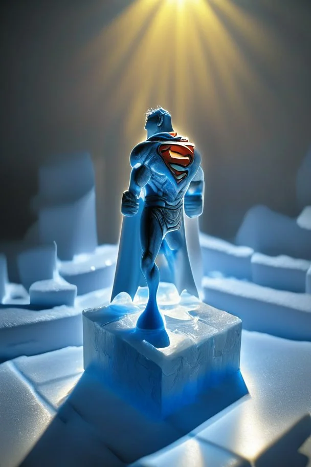 superman chess piece buildt of by yellow stones misty trending, depth of field, backlit, in bright lit ice wall labyrinth