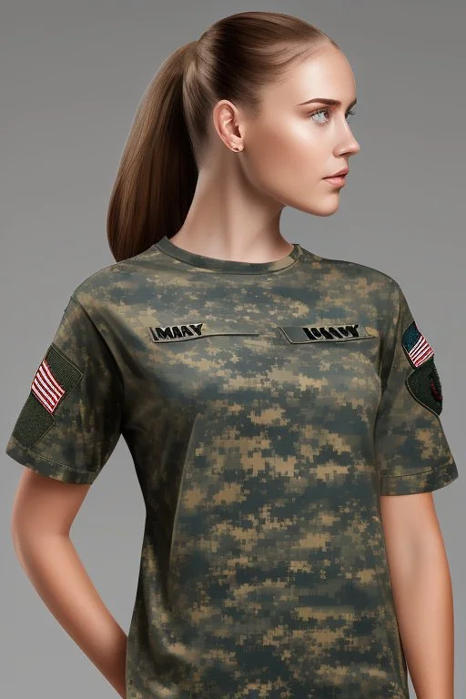 US army girl, hair bun, t-shirt, mtp camouflage