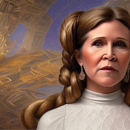 hyperspace background, complete and photo realistic detailed head to waist stunning photo realistic portrait of carrie fisher as Princess Leia in star wars with photo realistic updo hair by Mandy Jurgens and mucha and Richard Schmid and chuck close and chie yoshii, extraordinary and detailed ceremony dress of star wars,brown eyes