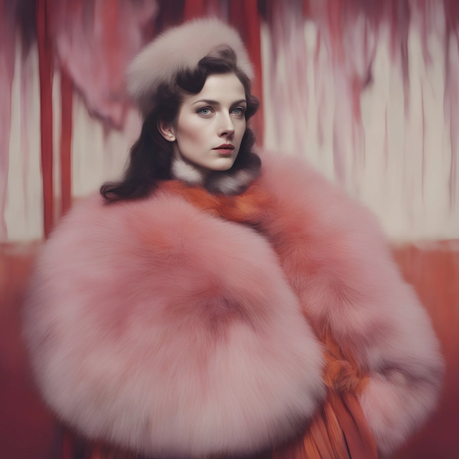 A woman in fur, at the circus, red, orange, pink
