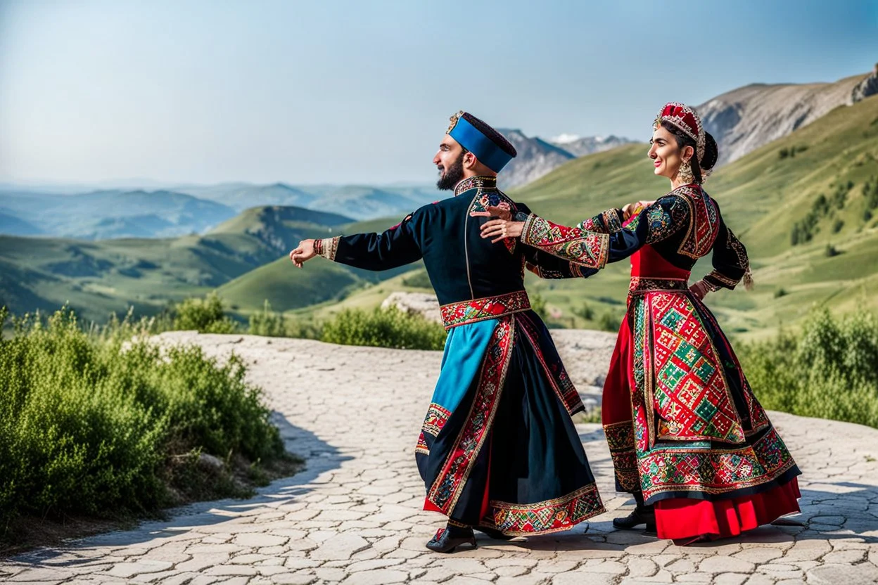 a couple man and woman in Azerbaijan costume ,dancing Azerbaijan folk dance togather