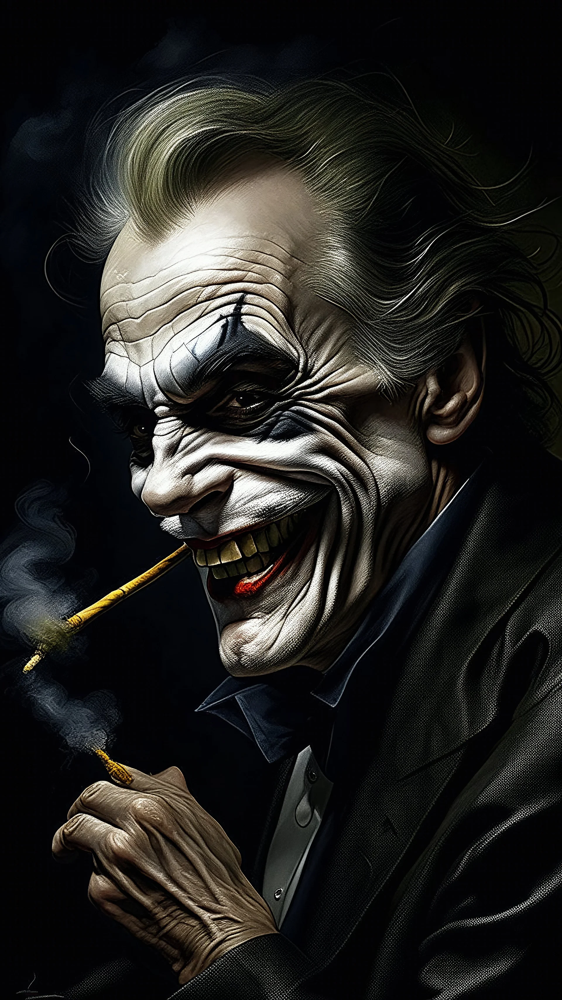 Bosch nightmares paining style Title: a joker face with cigarette in his mouth, smiling 8k,photography, photorealistic concept art, soft natural volumetric cinematic perfect light, chiaroscuro, award-winning photograph, masterpiece, oil on canvas, Raphael, Caravaggio, Greg Rutkowski, people, beksinski, Giger