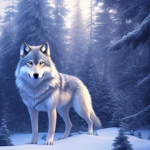 Wolf, ice, blue, forest, snow, beautiful, masterpiece, expert, 8K, hyperrealism, sharp focus, cinematic lighting