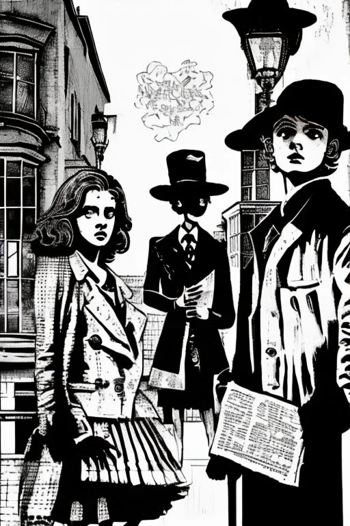 Design a detective book cover for teenagers. Three teenage detectives in the centre, one boy on her left, the girl in the centre and one on her right are on the town street. Black cat. Banksy style, pop art style, mysterious atmosphere,