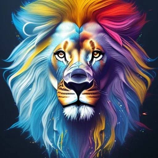 Lion portrait, bright colors, splash paint, centered, detail, 8k resolution