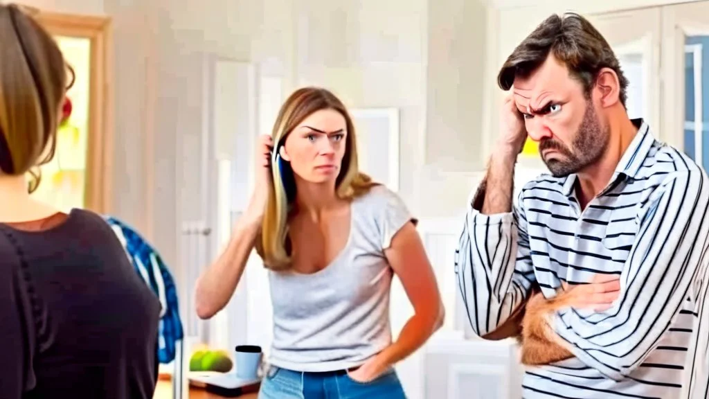 man at home angry on phone a lady stands behind him