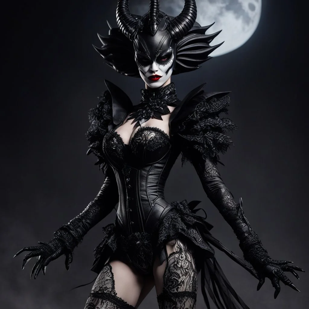 the goth Japanese demonic alien xenomorph clown woman strikes a commanding pose, her figure partially obscured as she faces her adversaries. With a 3/4 view from behind, her unique agent provocateur costume intricately detailed with black lace and tar designs catches the moonlight, casting eerie shadows around her. In this striking Power Pose, she exhibits her formidable attributes through her gothic killstar costume and posture, symbolizing her strength and confidence in the face of danger.