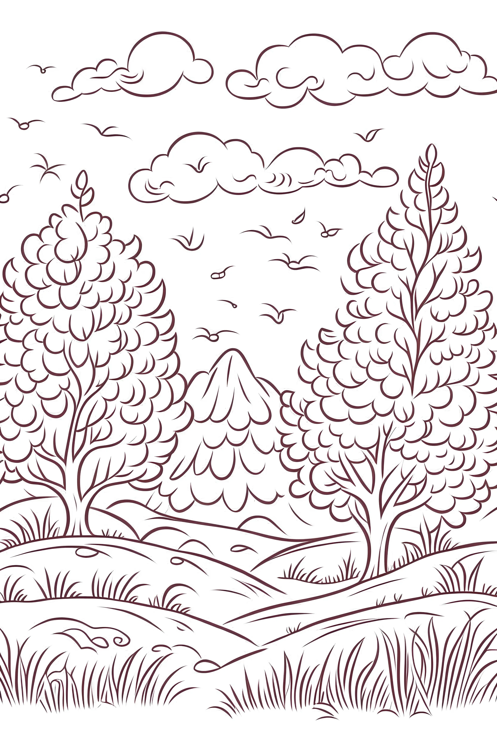 Sketch art for cute winter and snow coloring pages with trees, white background, sketch style, full body, just use outline, Mandala style, clean line art. White background, without shadows and clear and well outlined.