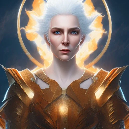 fantasy setting, woman, bicolor orange white hair