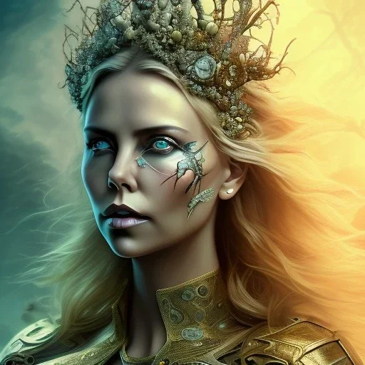 Charlize Theron, woolitize, rusty metal, feathers, Dryad, fae, sidhe, ominous, nature, plants, wildflower, facepaint, dnd character portrait, intricate, oil on canvas, masterpiece, expert, insanely detailed, 4k resolution, retroanime style, cute big circular reflective eyes, cinematic smooth, intricate detail , soft smooth lighting, soft pastel colors, painted Renaissance style