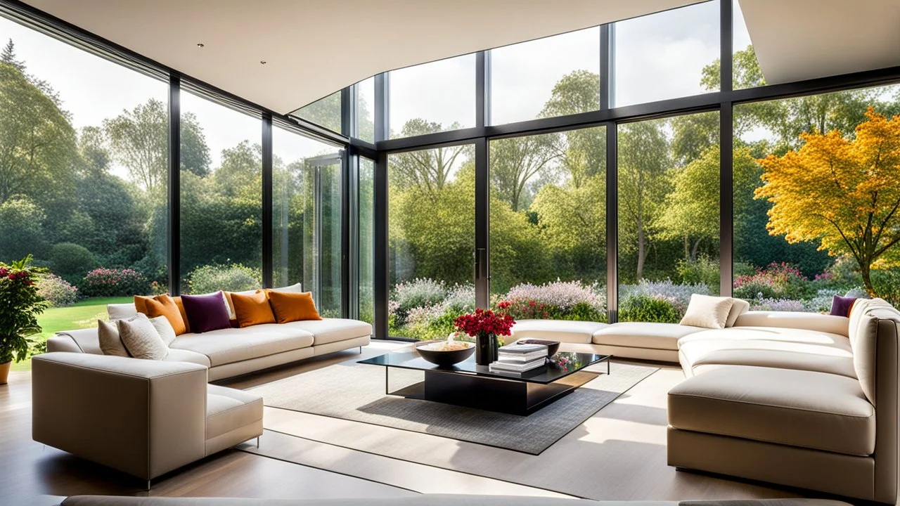 Beautiful modern luxurious minimal domestic living room, floor-to-ceiling windows look out onto attractive flower gardens and trees. Room is light, comfortable, peaceful, welcoming and tasteful. The home was recently the winner of a national architecture award.