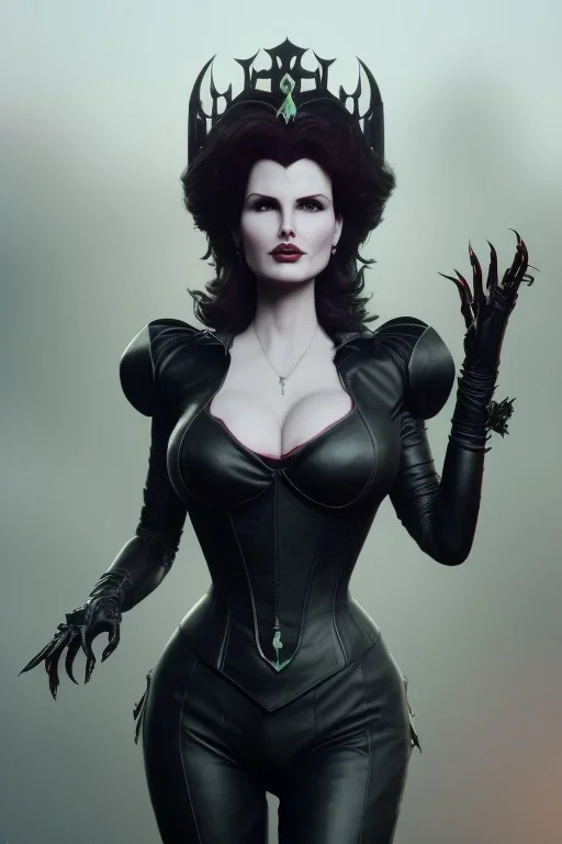 Geena Davis as evil queen in black leather, leather, busty, cleavage, angry, rage, stern look. character design by cory loftis, fenghua zhong, ryohei hase, ismail inceoglu and ruan jia. unreal engine 5, artistic lighting, highly detailed, photorealistic, fantasy