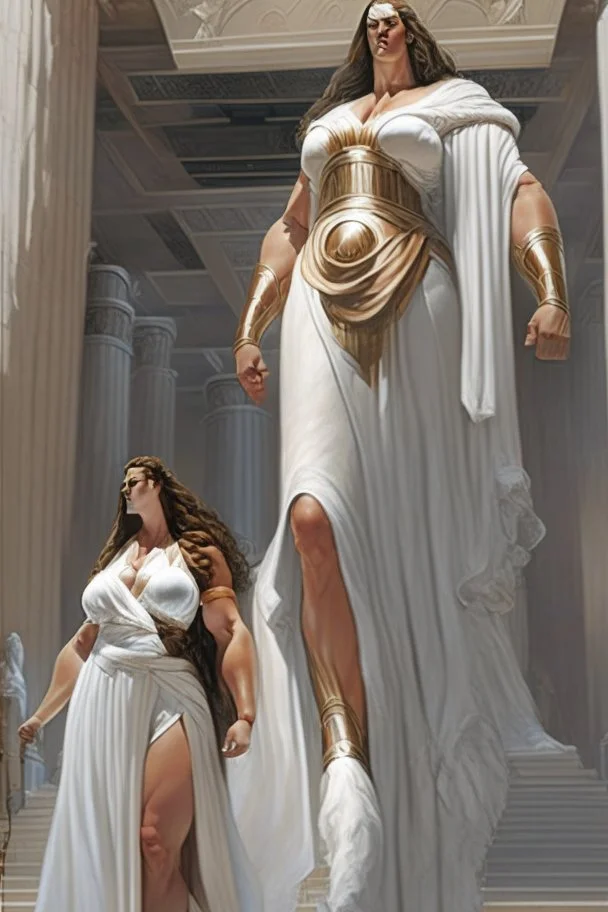 A hyper-realistic concept art of a full body fantasy tall big woman ultra muscular with an impressive stature a hard square face and brown hair wearing the white robe of greek senators white robe, full body, fantasy woman, tall, big, ultra muscular, hard square face, brown hair, greek senator white robe, by Jaime Jones, in the style of fantasy realistic art, cinematic and dramatic lighting, fantasy character drawings, realistic drawings, digital art, Highly Intricate Details, high quality