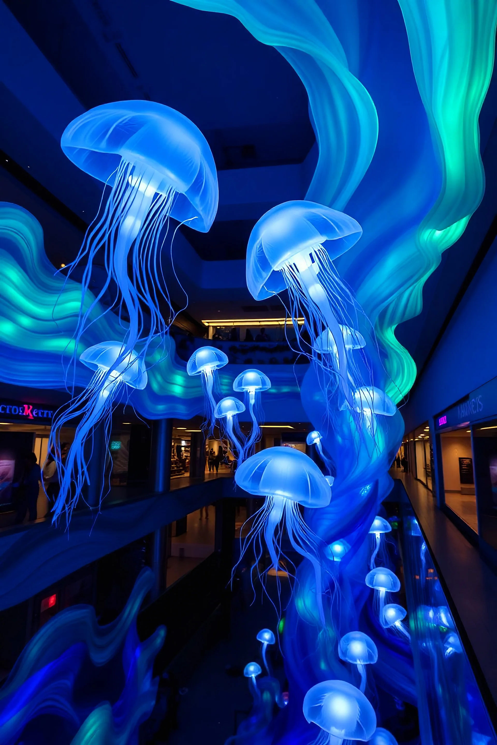 “A mall installation with glowing jellyfish sculptures in dynamic motion, surrounded by kinetic wave patterns in shades of blue and green, illuminated in a dimly lit environment.”