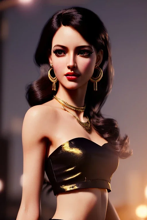 Young business woman, dark orange eyes, dark brown hair, elegant hair, thin lips, gold hoop earrings, waist up portrait, 8k resolution, intricate details, ornate details, soft lighting, vibrant colors, retroanime, masterpiece, realistic, intricate eyeliner, dark eyeshadow, eyes,futuristic cityscape background